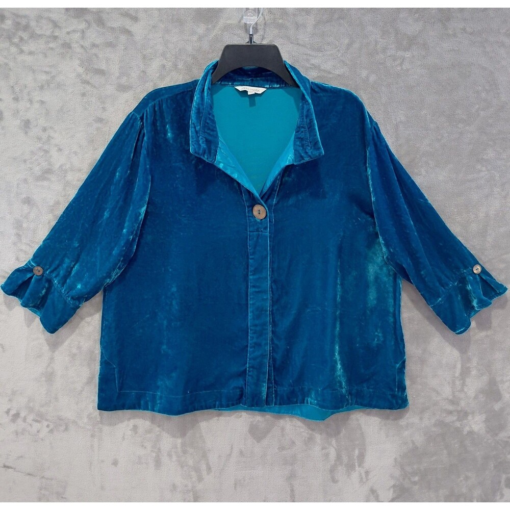 John Mark Velvet Button Up Wire Collar Shirt Women's PXL Green Holiday Party EUC